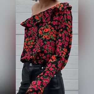 kooples off one shoulder floral silk blouse